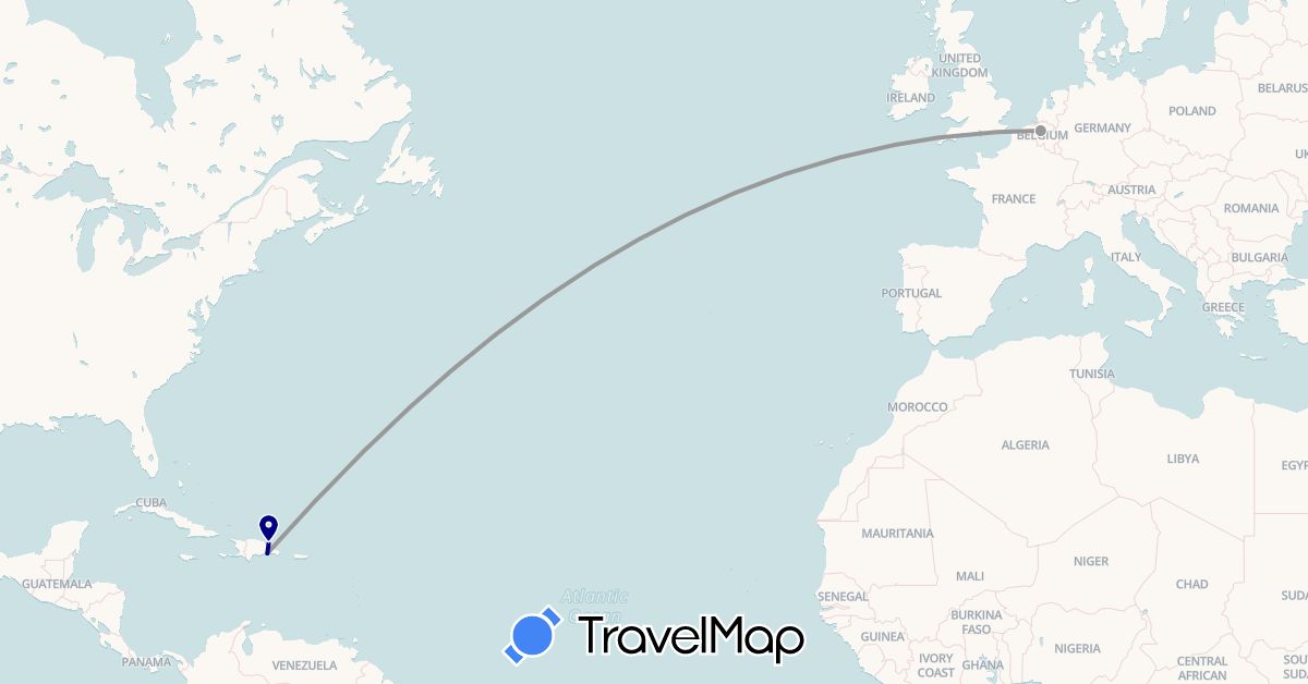 TravelMap itinerary: driving, plane in Belgium, Dominican Republic (Europe, North America)